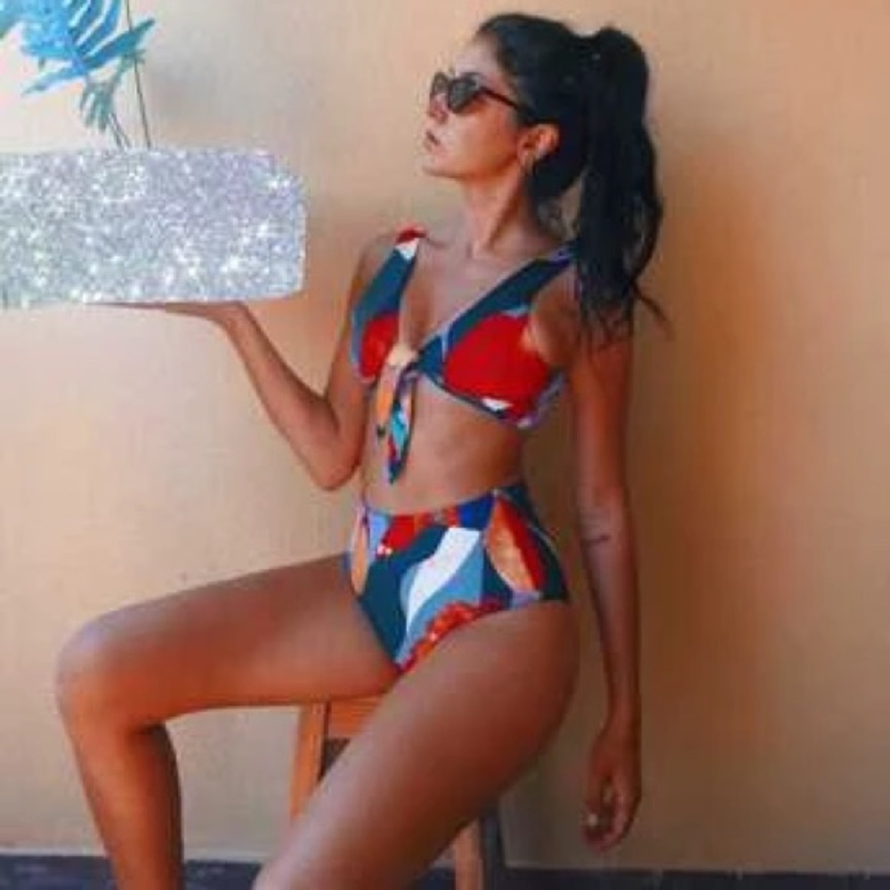 Colourful color block 2 piece swim suit